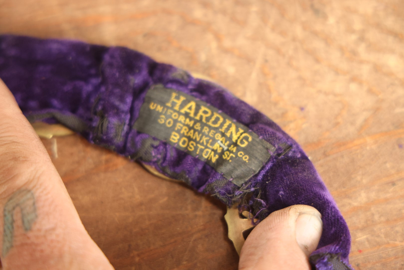 Lot 053 - Antique Odd Fellows I.O.O.F. Purple Chain Collar With Many Symbols Including Three Links And Heart In Hand, With Flaming Pedestal, Crossed Staffs Medallion By Harding Uniform & Regalia Company, Boston