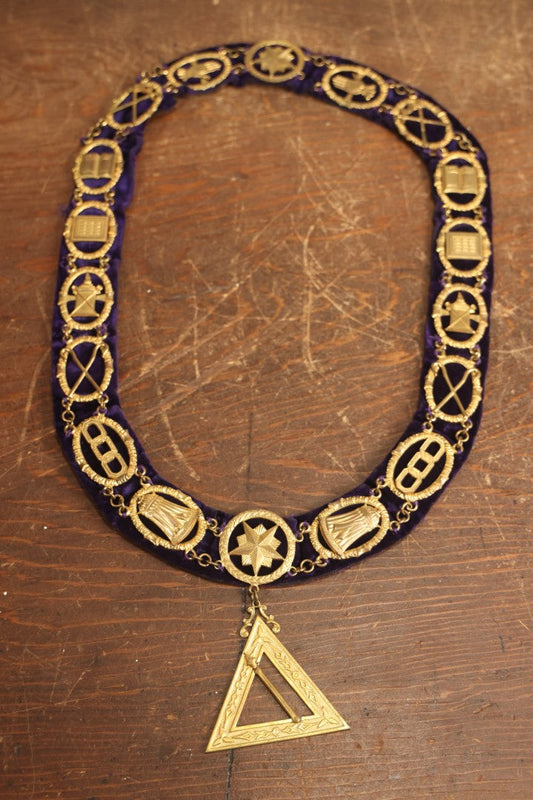 Lot 056 - Antique Odd Fellows I.O.O.F. Purple Chain Collar With Many Symbols Including Three Links And Heart In Hand, With Spear Medallion, By Harding Uniform & Regalia Company, Boston