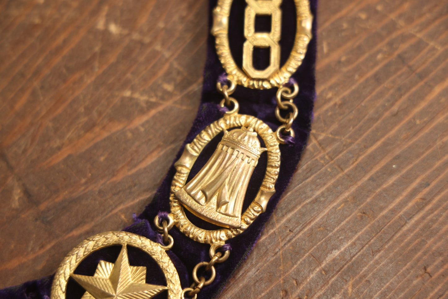 Lot 056 - Antique Odd Fellows I.O.O.F. Purple Chain Collar With Many Symbols Including Three Links And Heart In Hand, With Spear Medallion, By Harding Uniform & Regalia Company, Boston