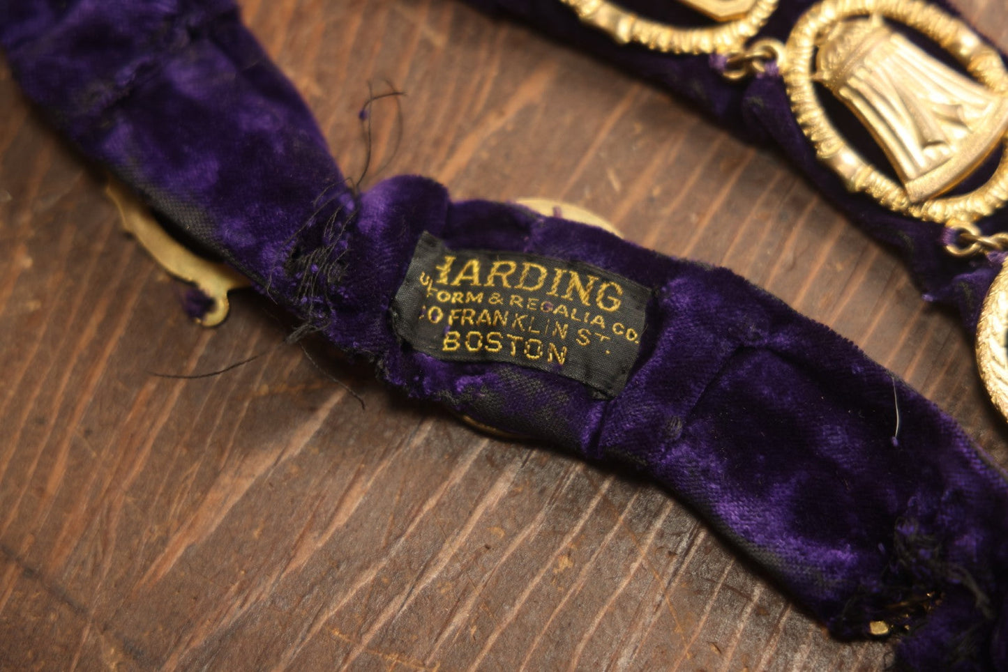 Lot 056 - Antique Odd Fellows I.O.O.F. Purple Chain Collar With Many Symbols Including Three Links And Heart In Hand, With Spear Medallion, By Harding Uniform & Regalia Company, Boston