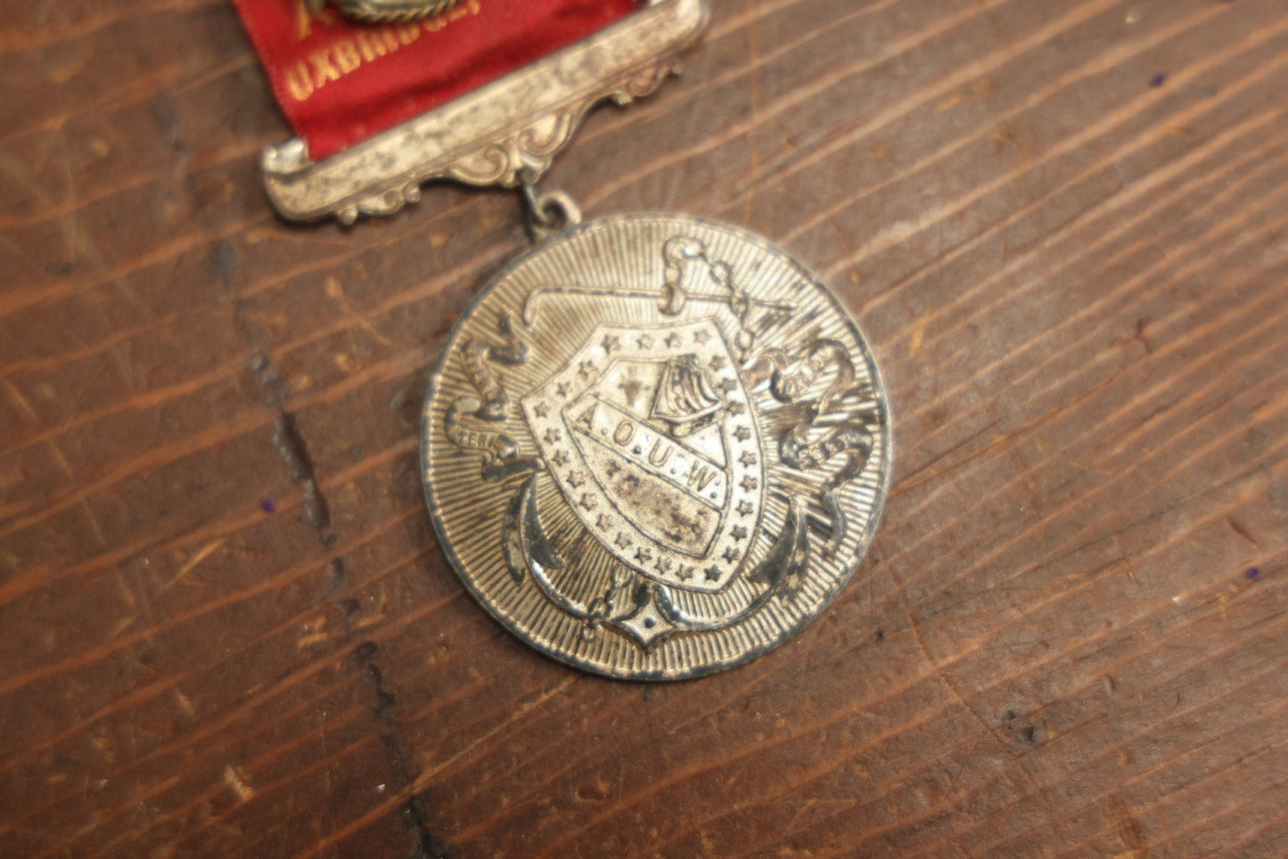 Lot 058 - Antique Ancient Order Of United Workmen A.O.U.M. Ribbon And Medallion, Wacantuck Lodge No 191, Uxbridge, Massachusetts, C.H.P., With Anchor Charm, By The Boston Regalia Company, Missing Pin