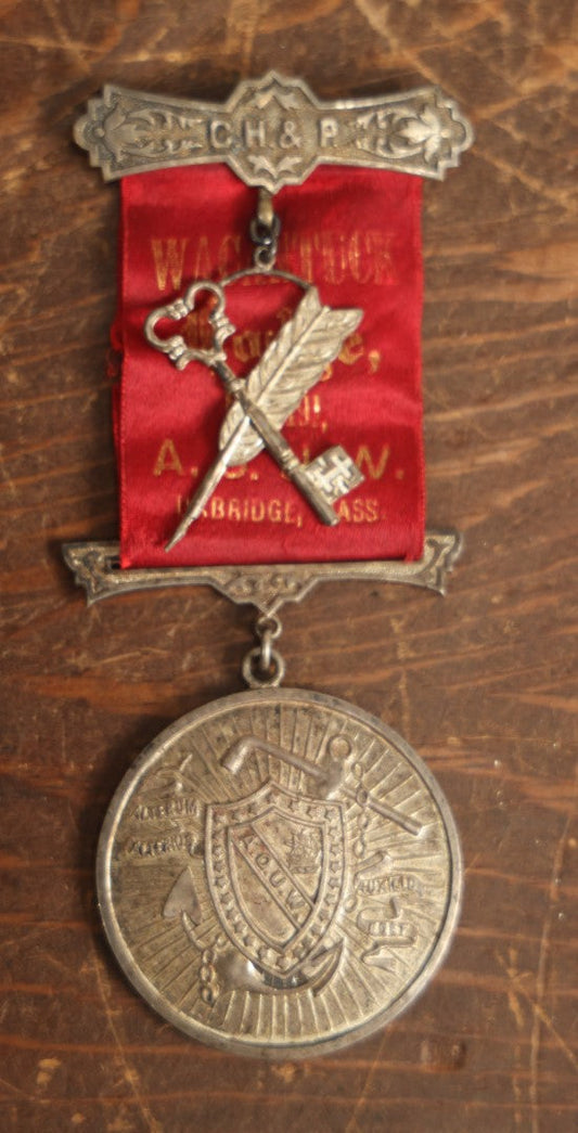 Lot 059 - Antique Ancient Order Of United Workmen A.O.U.M. Ribbon And Medallion, Wacantuck Lodge No 191, Uxbridge, Massachusetts, C.H.P., With Quill And Key Charm, By The Boston Regalia Company