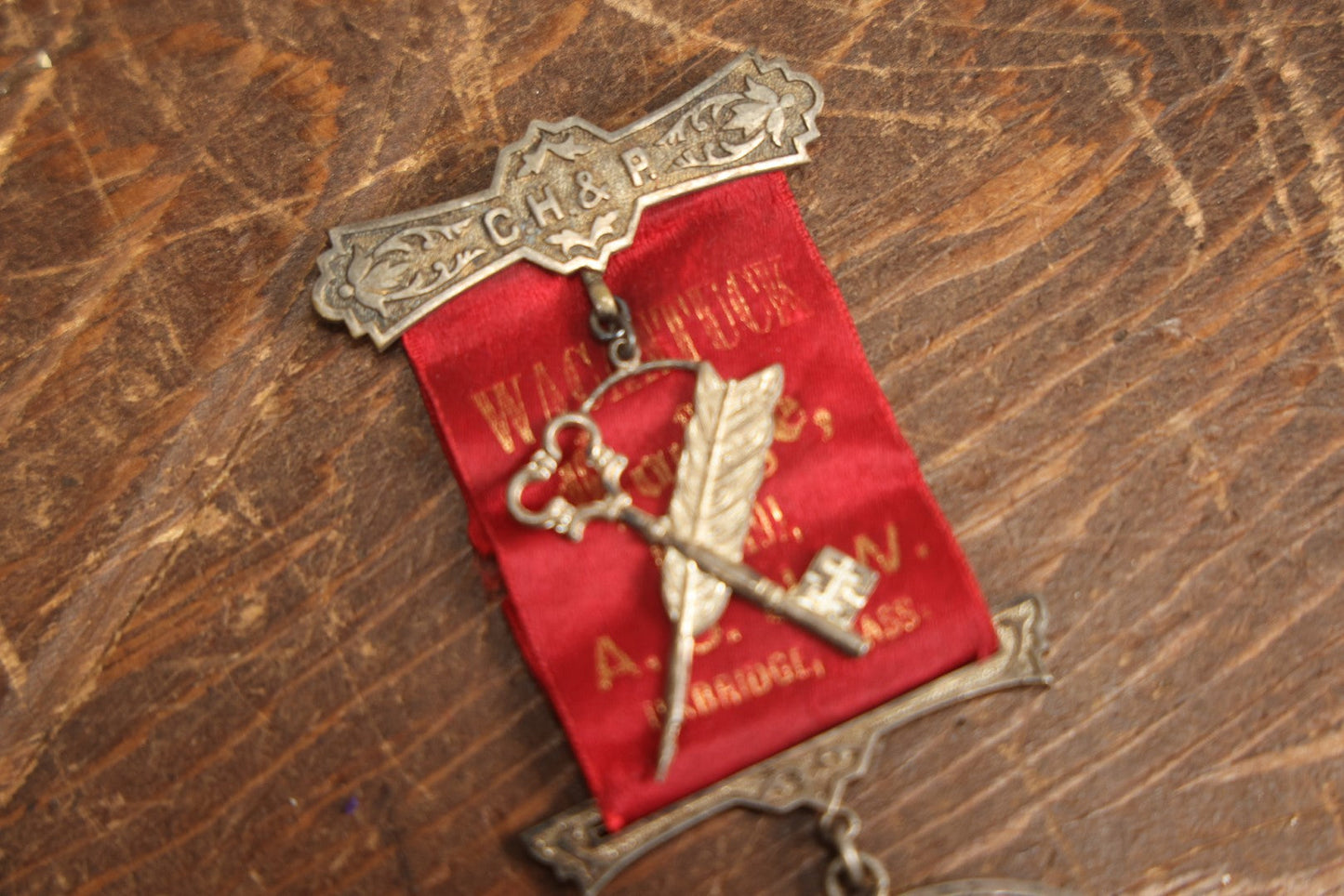 Lot 059 - Antique Ancient Order Of United Workmen A.O.U.M. Ribbon And Medallion, Wacantuck Lodge No 191, Uxbridge, Massachusetts, C.H.P., With Quill And Key Charm, By The Boston Regalia Company