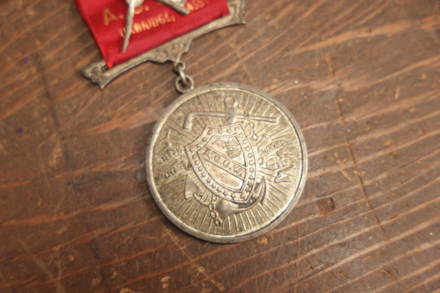 Lot 059 - Antique Ancient Order Of United Workmen A.O.U.M. Ribbon And Medallion, Wacantuck Lodge No 191, Uxbridge, Massachusetts, C.H.P., With Quill And Key Charm, By The Boston Regalia Company