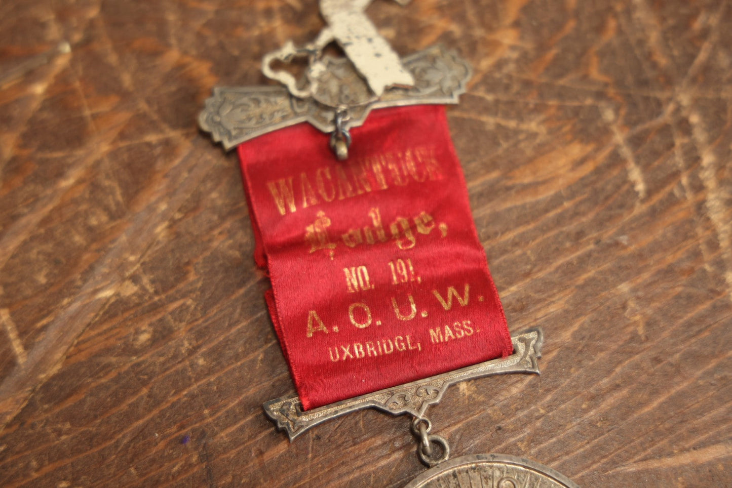 Lot 059 - Antique Ancient Order Of United Workmen A.O.U.M. Ribbon And Medallion, Wacantuck Lodge No 191, Uxbridge, Massachusetts, C.H.P., With Quill And Key Charm, By The Boston Regalia Company