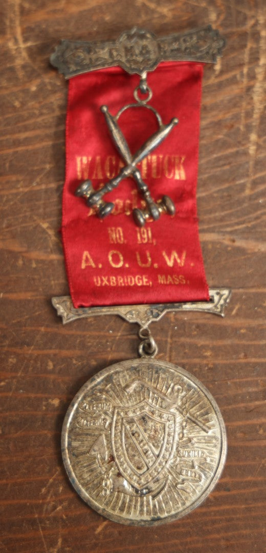 Lot 060 - Antique Ancient Order Of United Workmen A.O.U.M. Ribbon And Medallion, Wacantuck Lodge No 191, Uxbridge, Massachusetts, C.H.P., With Crossed Gavels Charm, By The Boston Regalia Company