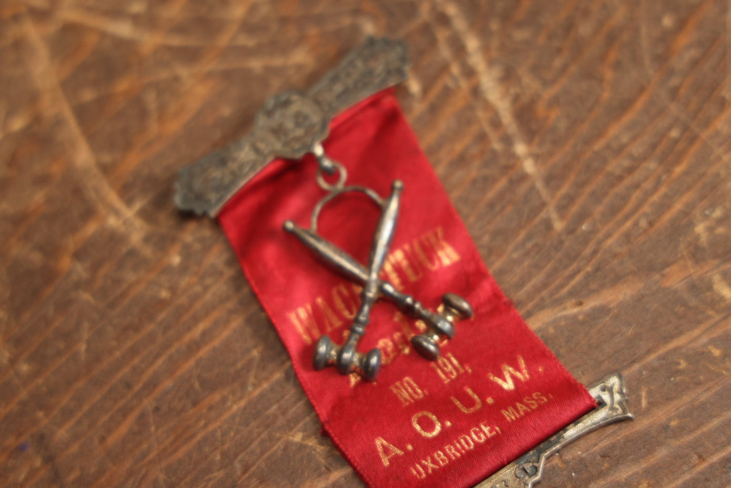 Lot 060 - Antique Ancient Order Of United Workmen A.O.U.M. Ribbon And Medallion, Wacantuck Lodge No 191, Uxbridge, Massachusetts, C.H.P., With Crossed Gavels Charm, By The Boston Regalia Company