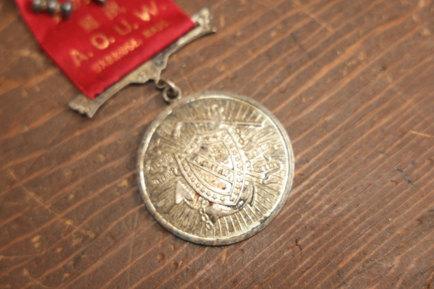 Lot 060 - Antique Ancient Order Of United Workmen A.O.U.M. Ribbon And Medallion, Wacantuck Lodge No 191, Uxbridge, Massachusetts, C.H.P., With Crossed Gavels Charm, By The Boston Regalia Company