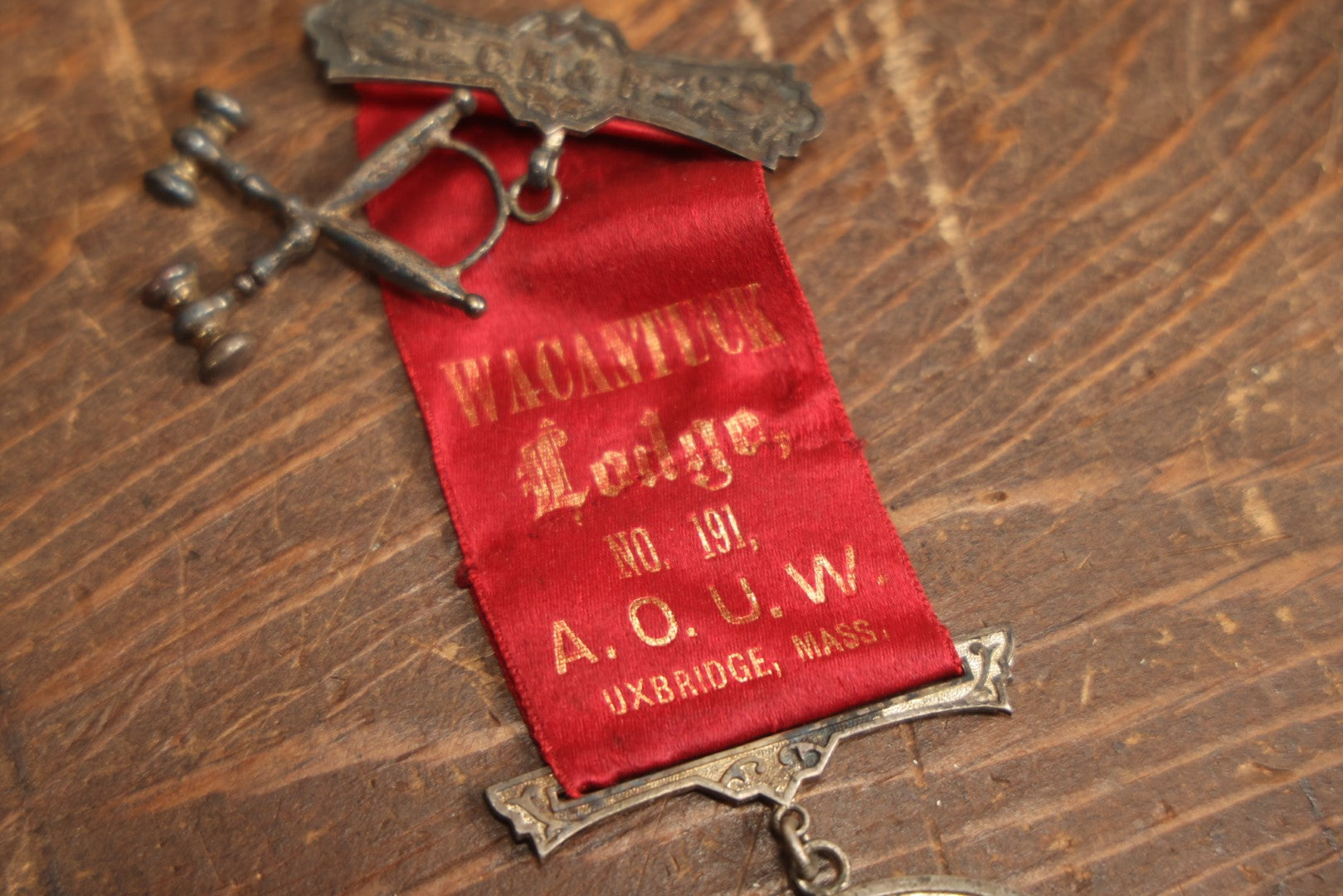 Lot 060 - Antique Ancient Order Of United Workmen A.O.U.M. Ribbon And Medallion, Wacantuck Lodge No 191, Uxbridge, Massachusetts, C.H.P., With Crossed Gavels Charm, By The Boston Regalia Company