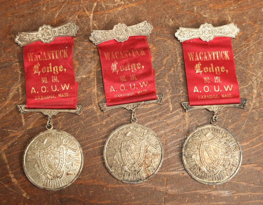 Lot 061 - Grouping Of Three Antique Ancient Order Of United Workmen A.O.U.M. Ribbons And Medallions, Wacantuck Lodge No 191, Uxbridge, Massachusetts, C.H.P., By The Boston Regalia Company