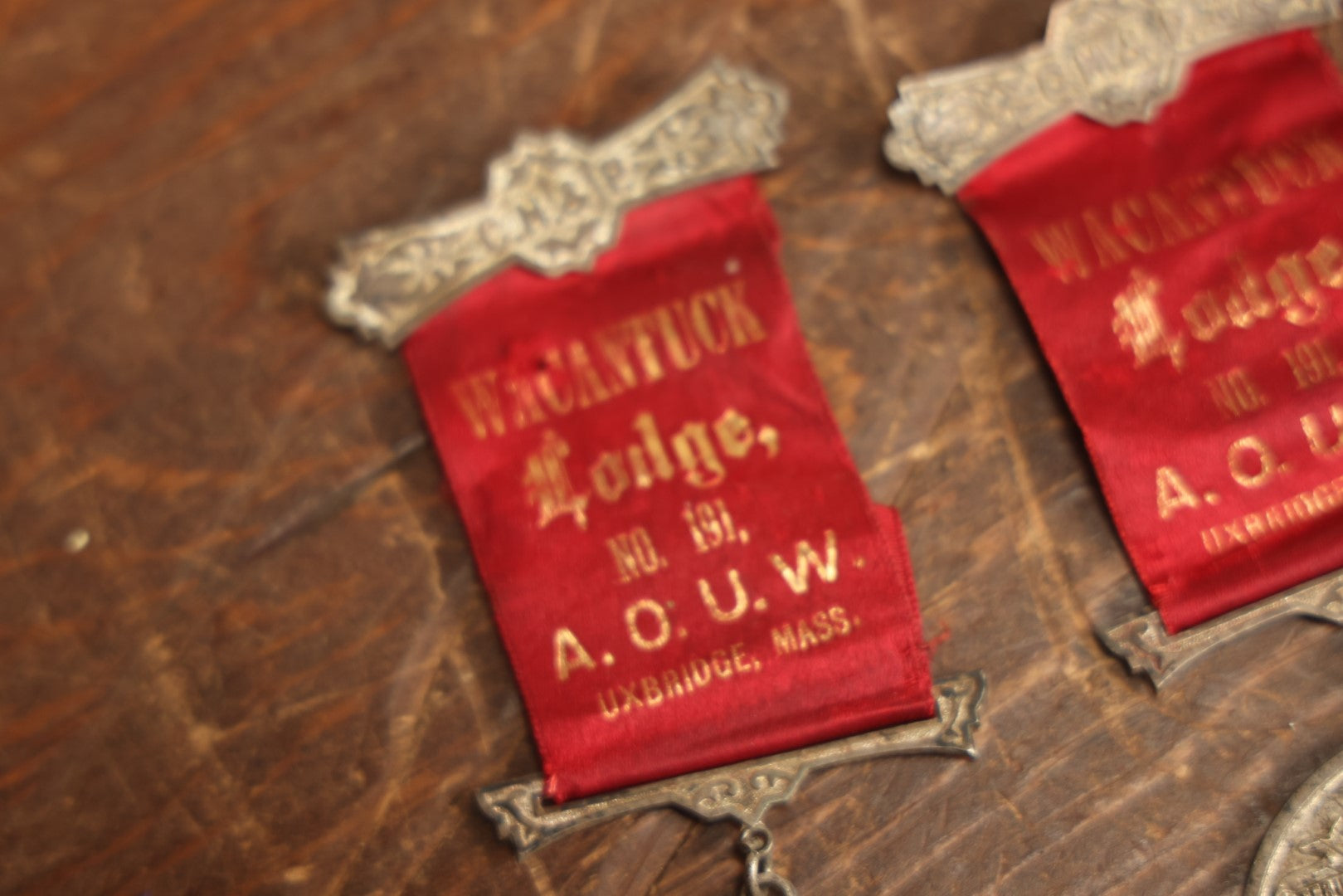 Lot 061 - Grouping Of Three Antique Ancient Order Of United Workmen A.O.U.M. Ribbons And Medallions, Wacantuck Lodge No 191, Uxbridge, Massachusetts, C.H.P., By The Boston Regalia Company