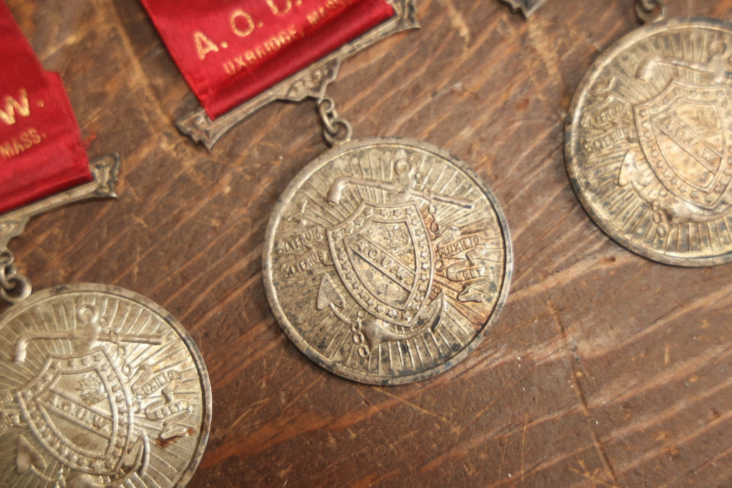 Lot 061 - Grouping Of Three Antique Ancient Order Of United Workmen A.O.U.M. Ribbons And Medallions, Wacantuck Lodge No 191, Uxbridge, Massachusetts, C.H.P., By The Boston Regalia Company