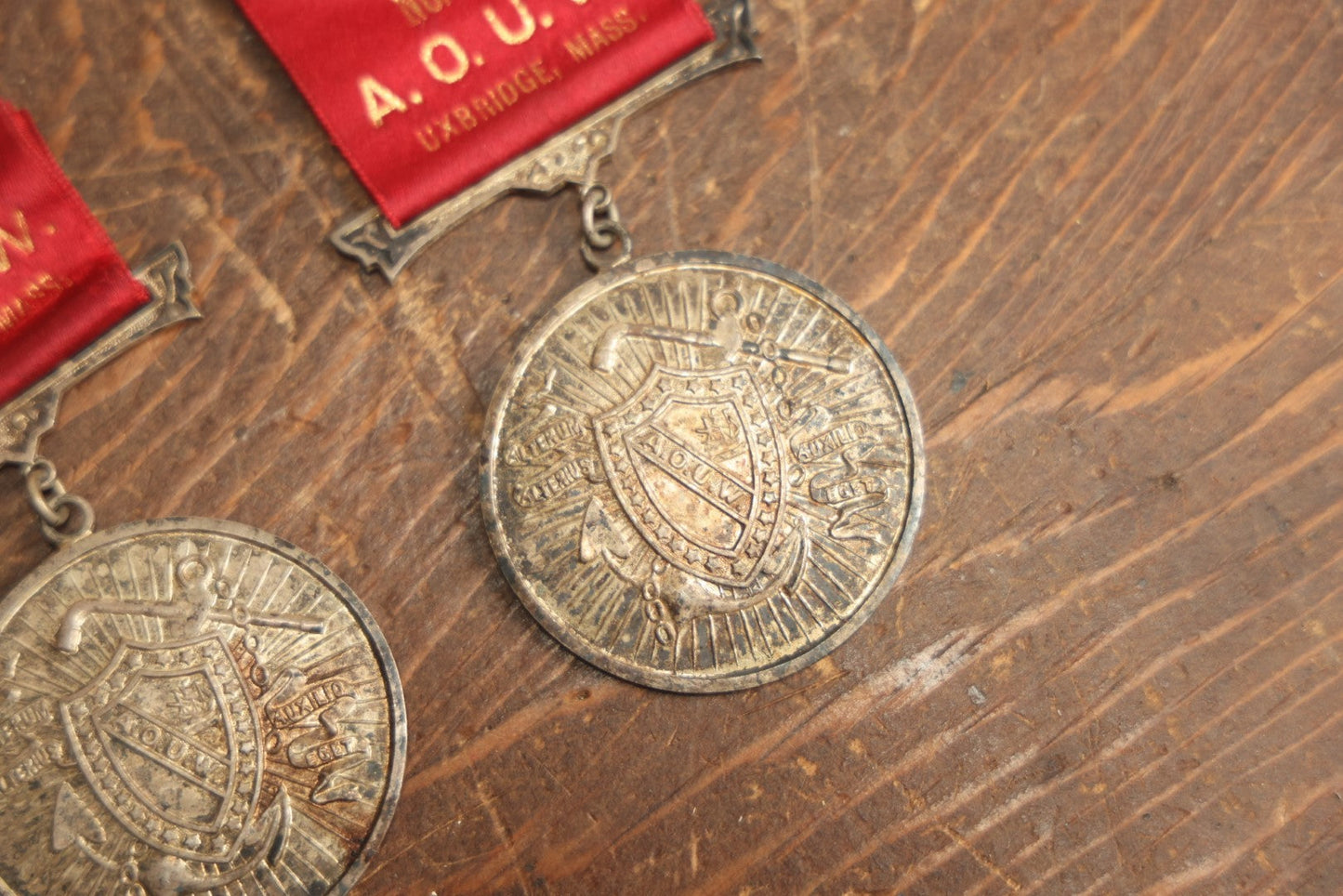 Lot 061 - Grouping Of Three Antique Ancient Order Of United Workmen A.O.U.M. Ribbons And Medallions, Wacantuck Lodge No 191, Uxbridge, Massachusetts, C.H.P., By The Boston Regalia Company