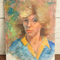Lot 062 - Vintage Impressionist Portrait Painting On Board Of Blonde Woman With Blue And Yellow Shirt, 14" x 18"