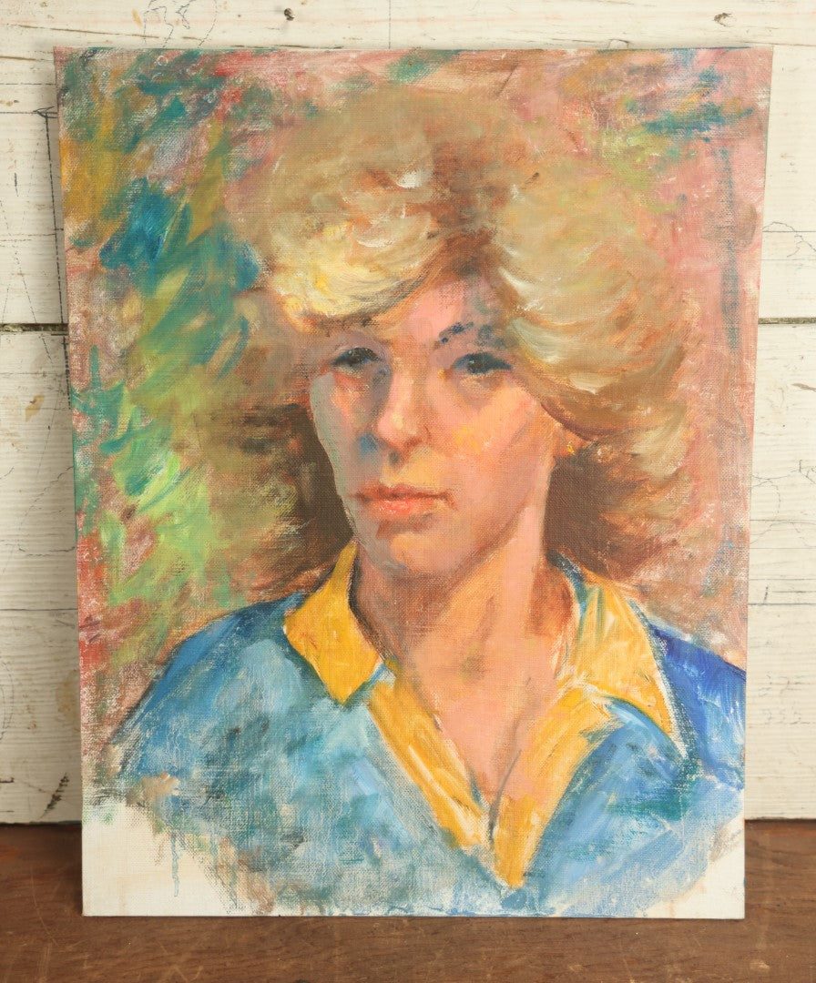 Lot 062 - Vintage Impressionist Portrait Painting On Board Of Blonde Woman With Blue And Yellow Shirt, 14" x 18"