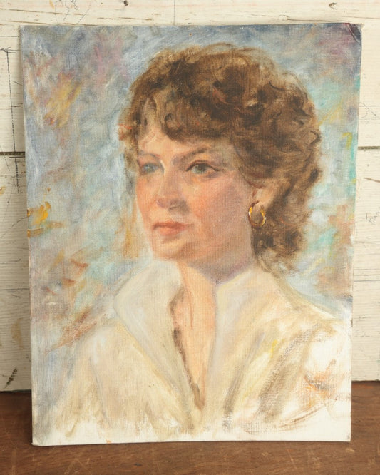 Lot 063 - Vintage Impressionist Portrait Painting On Board Of Brunette Woman With Gold Earring And White Shirt, 14" x 18"