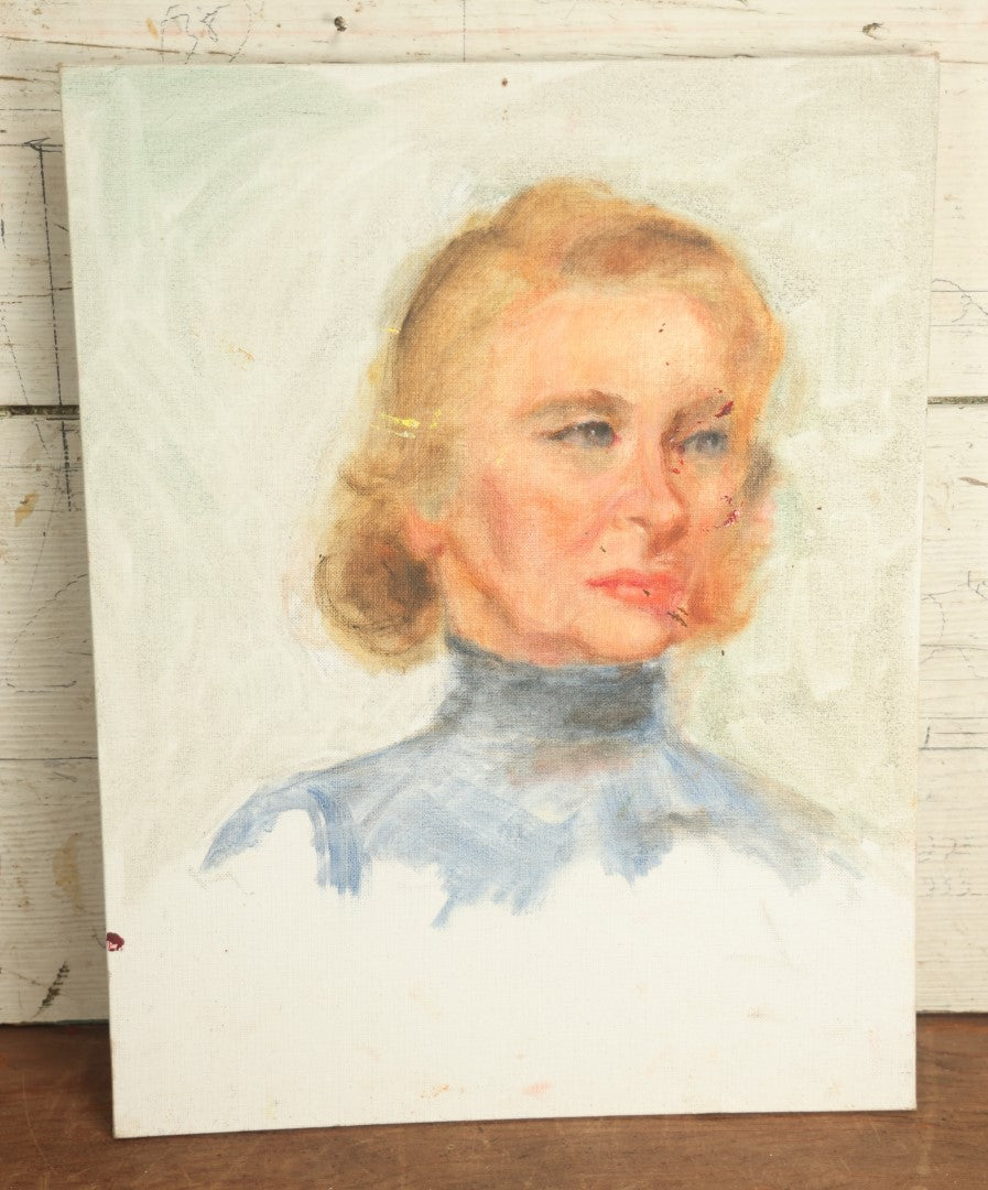 Lot 064 - Vintage Impressionist Portrait Painting On Board Of Older Blonde Woman With Blue Shirt, 14" x 18"