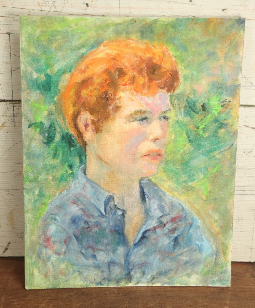 Lot 065 - Vintage Impressionist Portrait Painting On Board Of A Red Headed Young Man With Blue Shirt, 14" x 18"