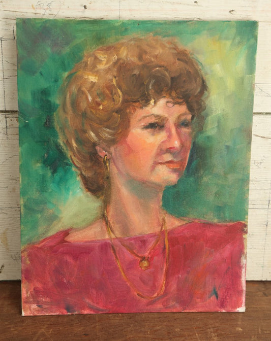 Lot 066 - Vintage Impressionist Portrait Painting On Board Of Brunette Woman With Curly Hair, Jewelry, Red Shirt, 14" x 18"