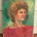 Lot 066 - Vintage Impressionist Portrait Painting On Board Of Brunette Woman With Curly Hair, Jewelry, Red Shirt, 14" x 18"