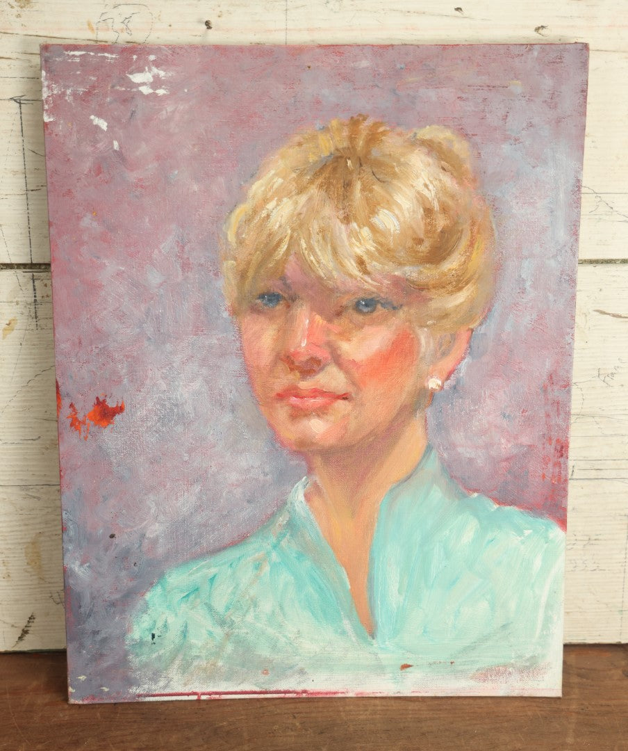 Lot 067 - Vintage Impressionist Portrait Painting On Board Of Blonde Woman With Short Hair And A Light Blue Shirt, 14" x 18"