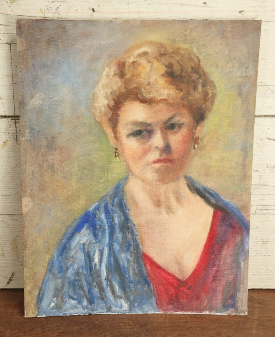 Lot 068 - Vintage Impressionist Portrait Painting On Board Of Stern Dirty Blonde Woman With Earrings And Red And Blue Shirts, 14" x 18"