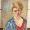 Lot 068 - Vintage Impressionist Portrait Painting On Board Of Stern Dirty Blonde Woman With Earrings And Red And Blue Shirts, 14" x 18"