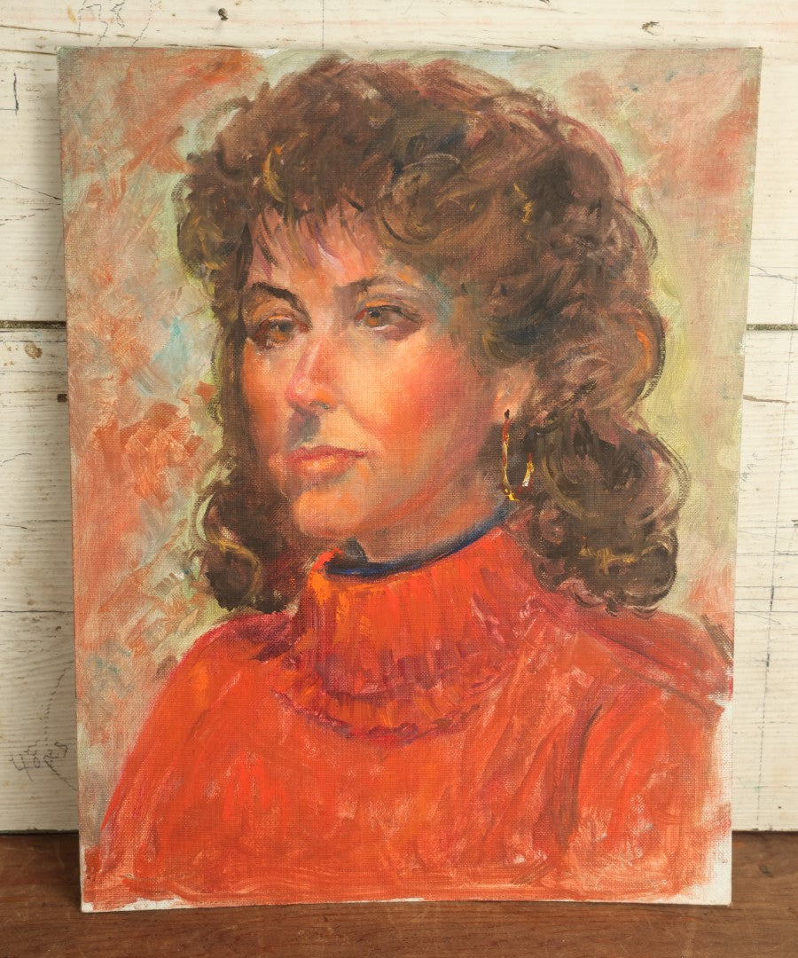 Lot 069 - Vintage Impressionist Portrait Painting On Board Of Brunette Woman With Long Curly Hair,Red Sweater, Hoop Earrings, 14" x 18"