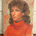 Lot 069 - Vintage Impressionist Portrait Painting On Board Of Brunette Woman With Long Curly Hair,Red Sweater, Hoop Earrings, 14" x 18"