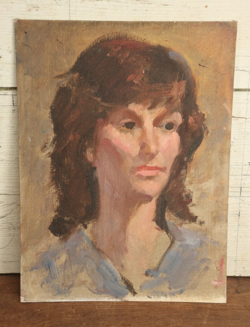 Lot 070 - Vintage Impressionist Portrait Painting On Board Of Brunette Woman With Dark Eyes, Blue Grey Shirt, 12" x 16"