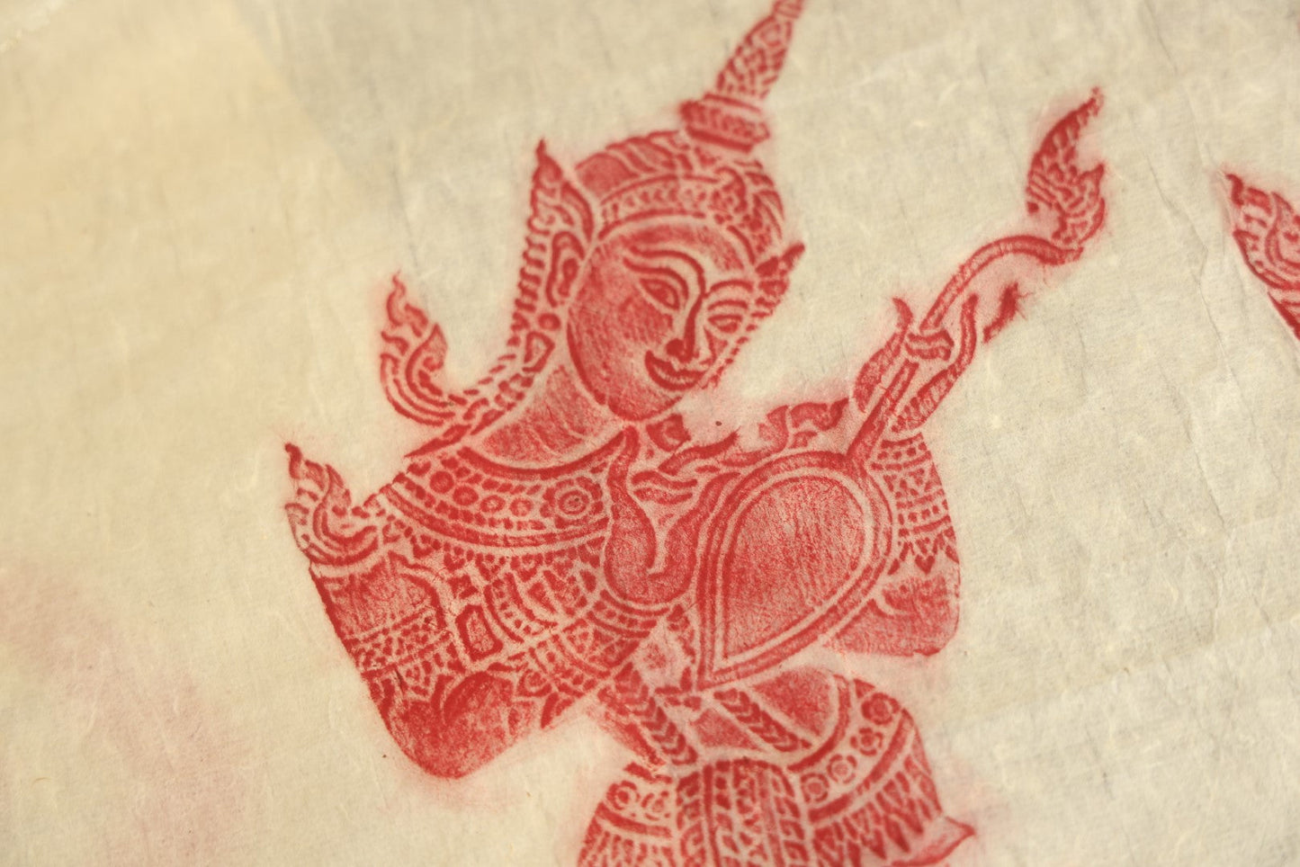 Lot 071 - Pair Of Vintage Thai Buddhist Temple Rubbings Of Dancers, Red On Rice Paper