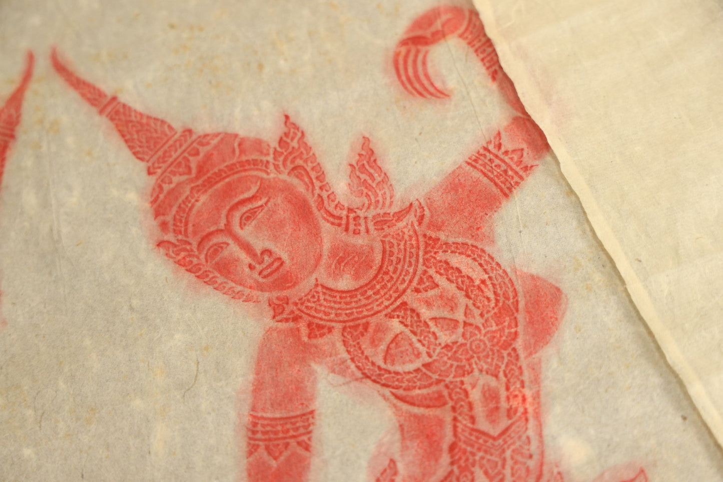 Lot 071 - Pair Of Vintage Thai Buddhist Temple Rubbings Of Dancers, Red On Rice Paper