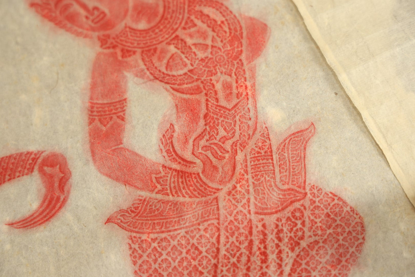 Lot 071 - Pair Of Vintage Thai Buddhist Temple Rubbings Of Dancers, Red On Rice Paper