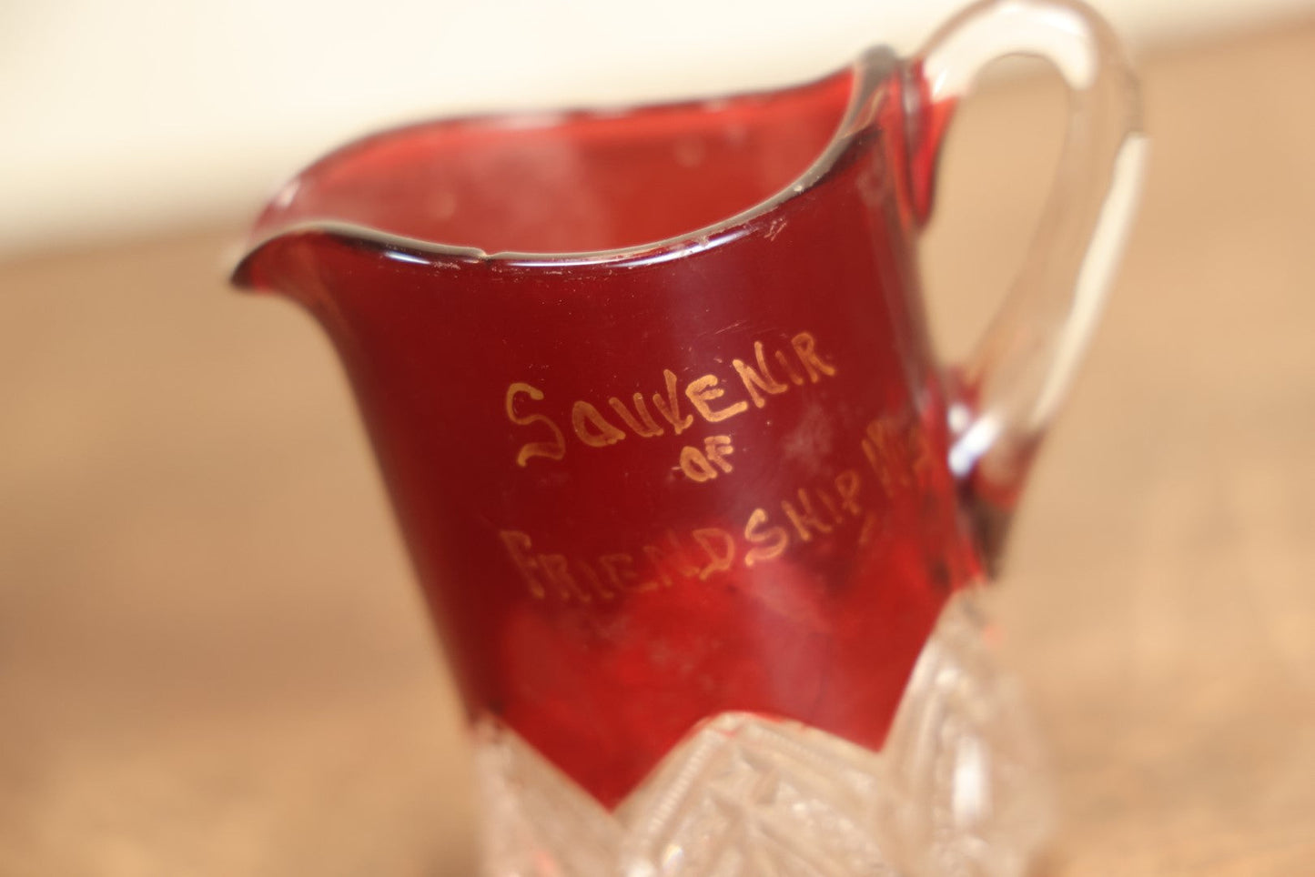 Lot 080 - Antique E.A.P.G. Early American Pattern Glass Red And Clear Syrup Or Creamer, Souvenir Of Friendship, Wisconsin