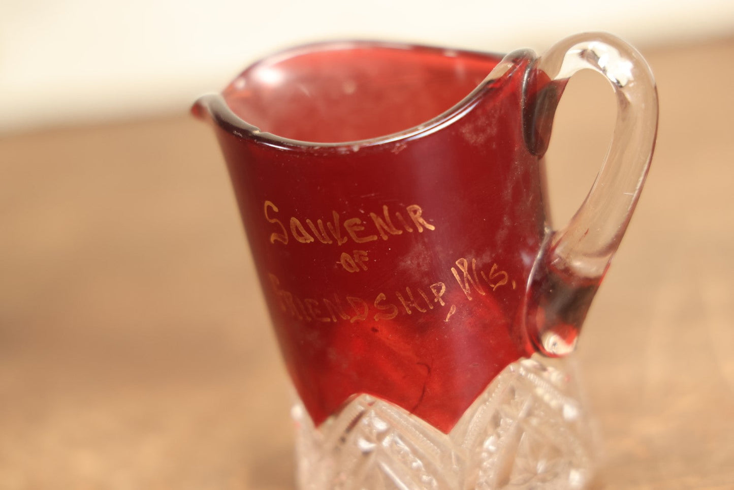 Lot 080 - Antique E.A.P.G. Early American Pattern Glass Red And Clear Syrup Or Creamer, Souvenir Of Friendship, Wisconsin