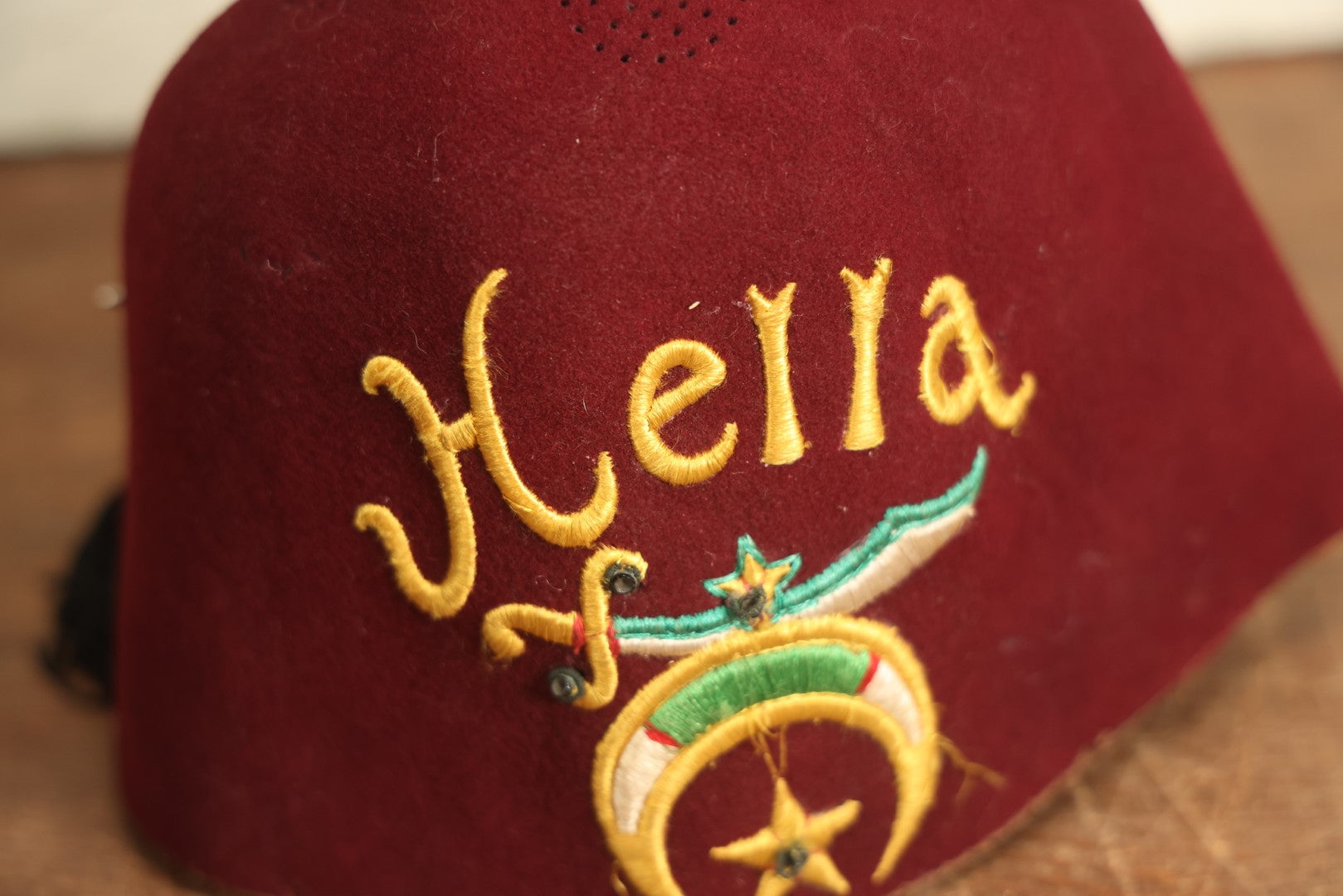 Lot 084 - Vintage Red "Hella" Masonic Shriners Fez With Emblem, Black Tassle, Missing Interior Band, Gem In Emblem