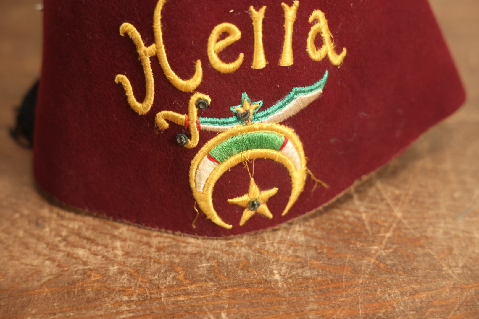 Lot 084 - Vintage Red "Hella" Masonic Shriners Fez With Emblem, Black Tassle, Missing Interior Band, Gem In Emblem