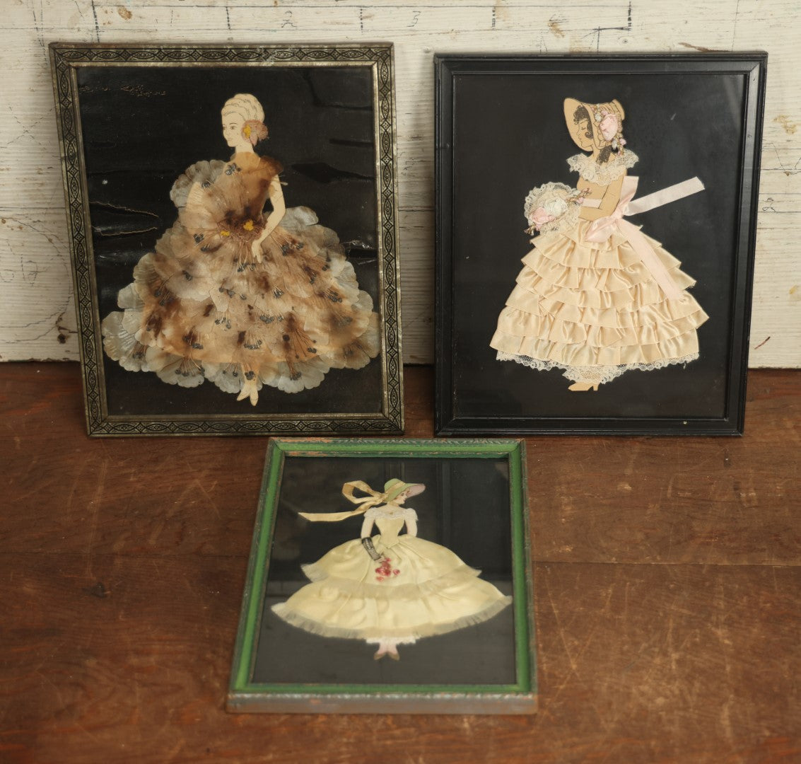 Lot 089 - Grouping Of Three Framed Fashion Mixed Media Art Wall Hangers, "Ribbon Ladies" Made Of Real Fabrics, Fake Flowers, Showing Well Dressed Women