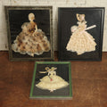 Lot 089 - Grouping Of Three Framed Fashion Mixed Media Art Wall Hangers, "Ribbon Ladies" Made Of Real Fabrics, Fake Flowers, Showing Well Dressed Women