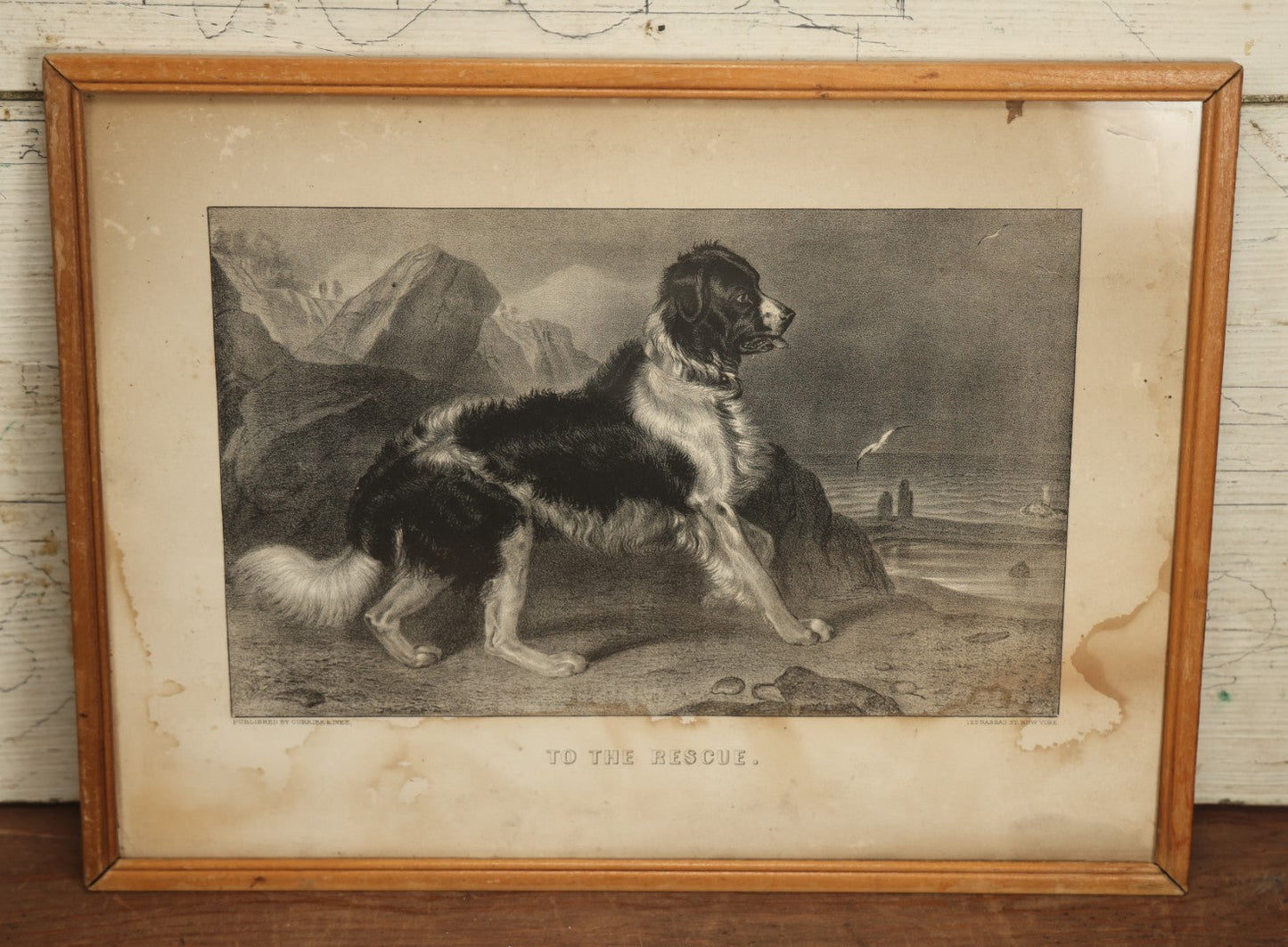 Lot 090 - Antique Dog Print, "To The Rescue" Published By Currier And Ives, Dog About To Rescue Drowning Child, Beach Scene, In Frame, Note Water Damage, Wear