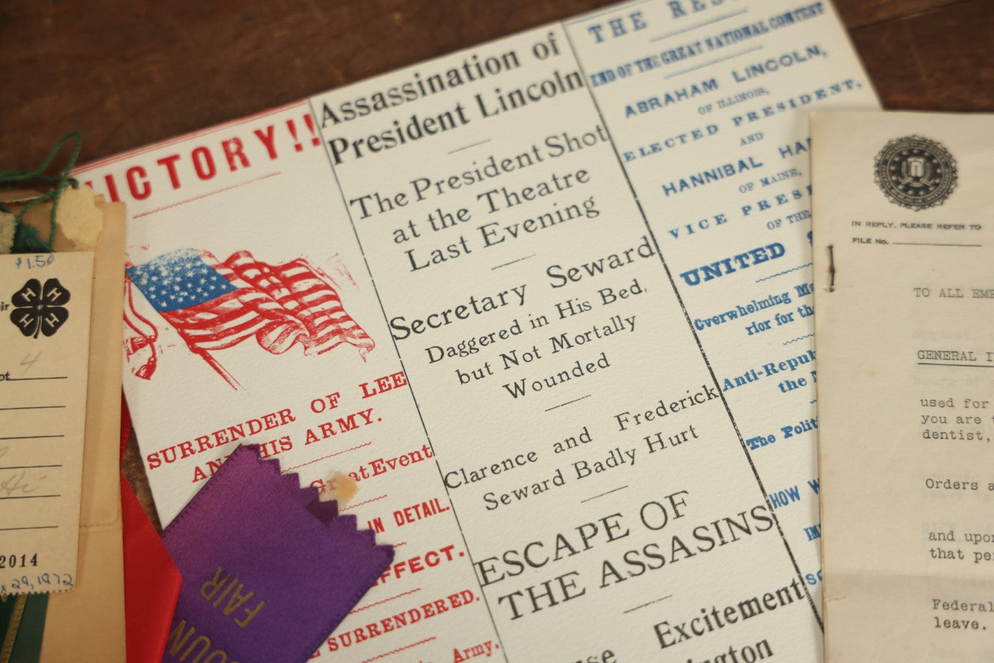 Lot 096 - Assorted Ephemera Grouping Including F.B.I, Memo With Facsimile J. Edgar Hoover Signature, Postcards, 4H Ribbons, Foreign Letter, Abraham Lincoln First Day Issue Stamp, And Apparel Credit Slip 