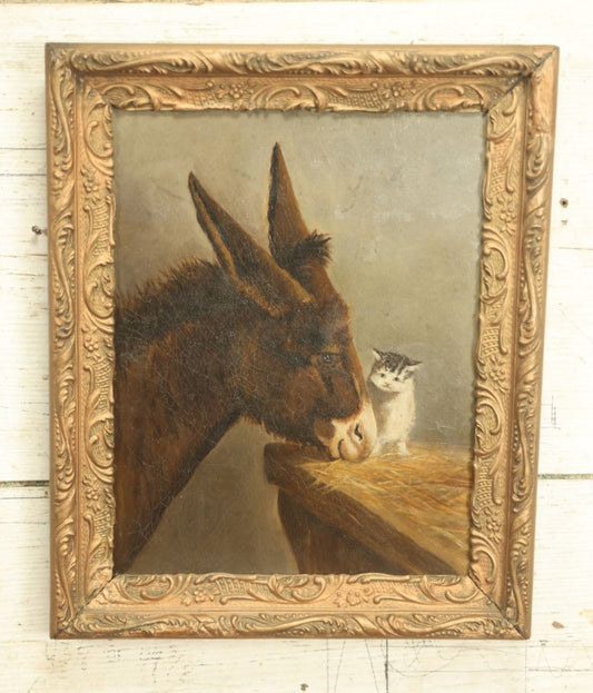 Lot 002 - 19th Century Oil Painting On Board Of A Kitten And A Donkey, 11-1/2" x 14-1/4"