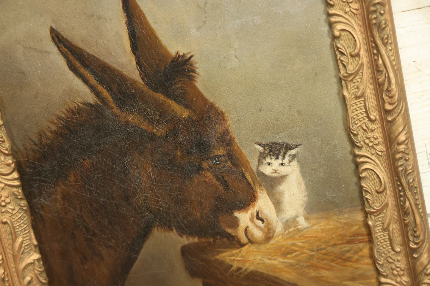 Lot 002 - 19th Century Oil Painting On Board Of A Kitten And A Donkey, 11-1/2" x 14-1/4"