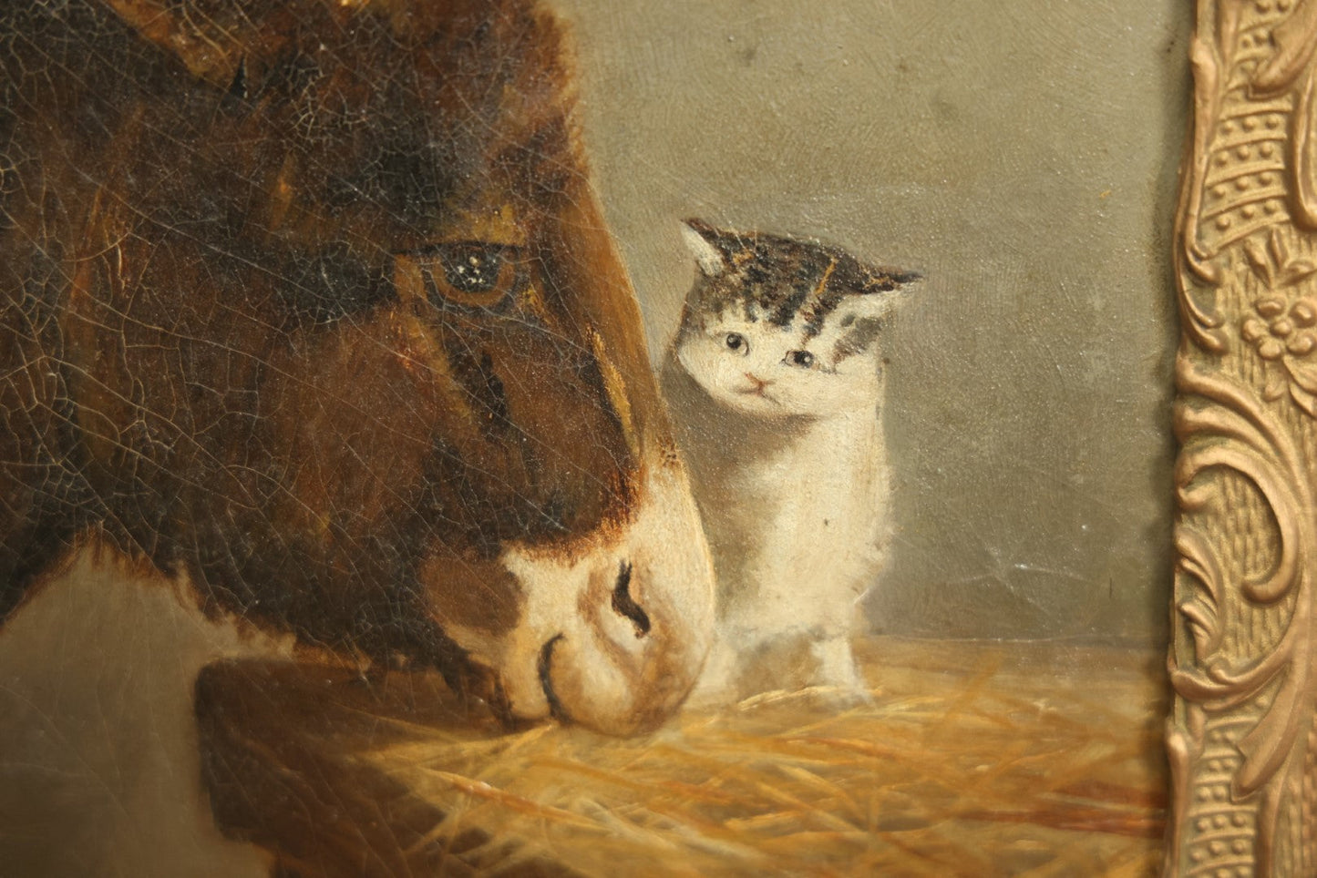 Lot 002 - 19th Century Oil Painting On Board Of A Kitten And A Donkey, 11-1/2" x 14-1/4"