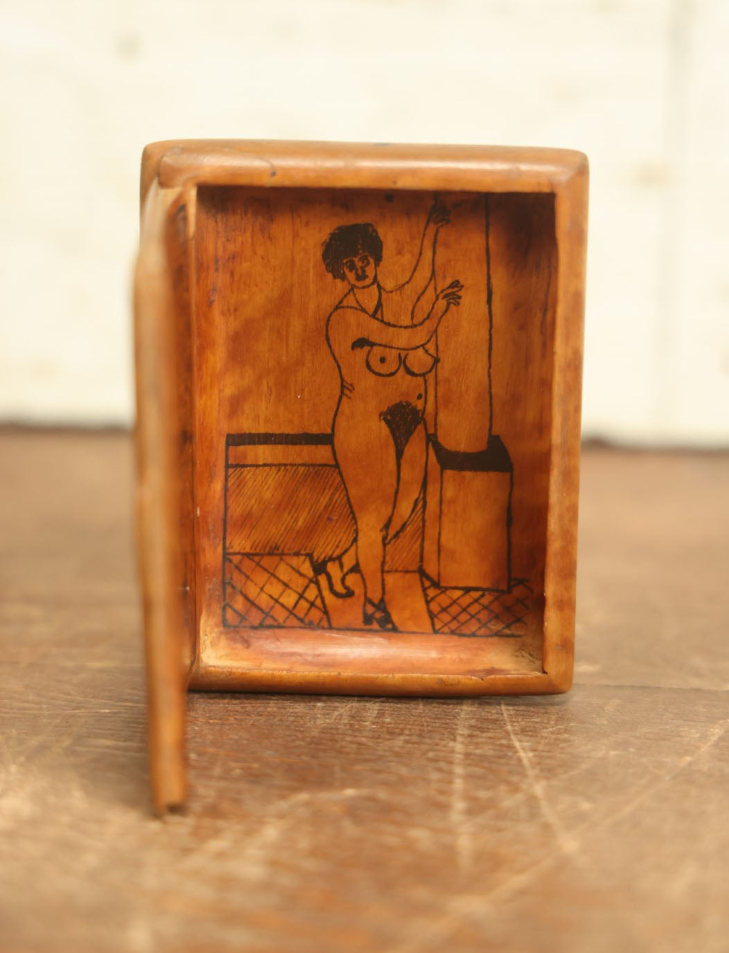 Lot 003 - Antique Russian Folk Art Cigarette Box With Pyrography Wood Burned Nude Woman, Windmill Scene, 1923, Post Russian Civil War