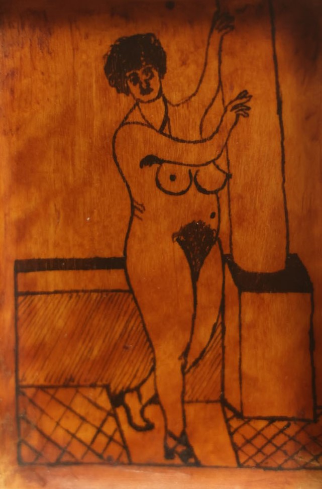 Lot 003 - Antique Russian Folk Art Cigarette Box With Pyrography Wood Burned Nude Woman, Windmill Scene, 1923, Post Russian Civil War