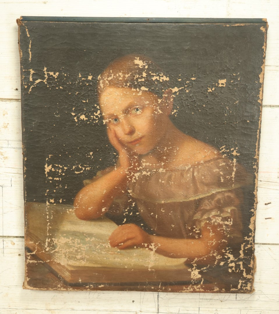 Lot 004 - 19th Century Oil On Canvas Painting Of A Pensive Young Girl Looking Up From A Book, Note Heavy Wear, Active Losses, Other Damage, See Photos, 19" x 22-1/2"