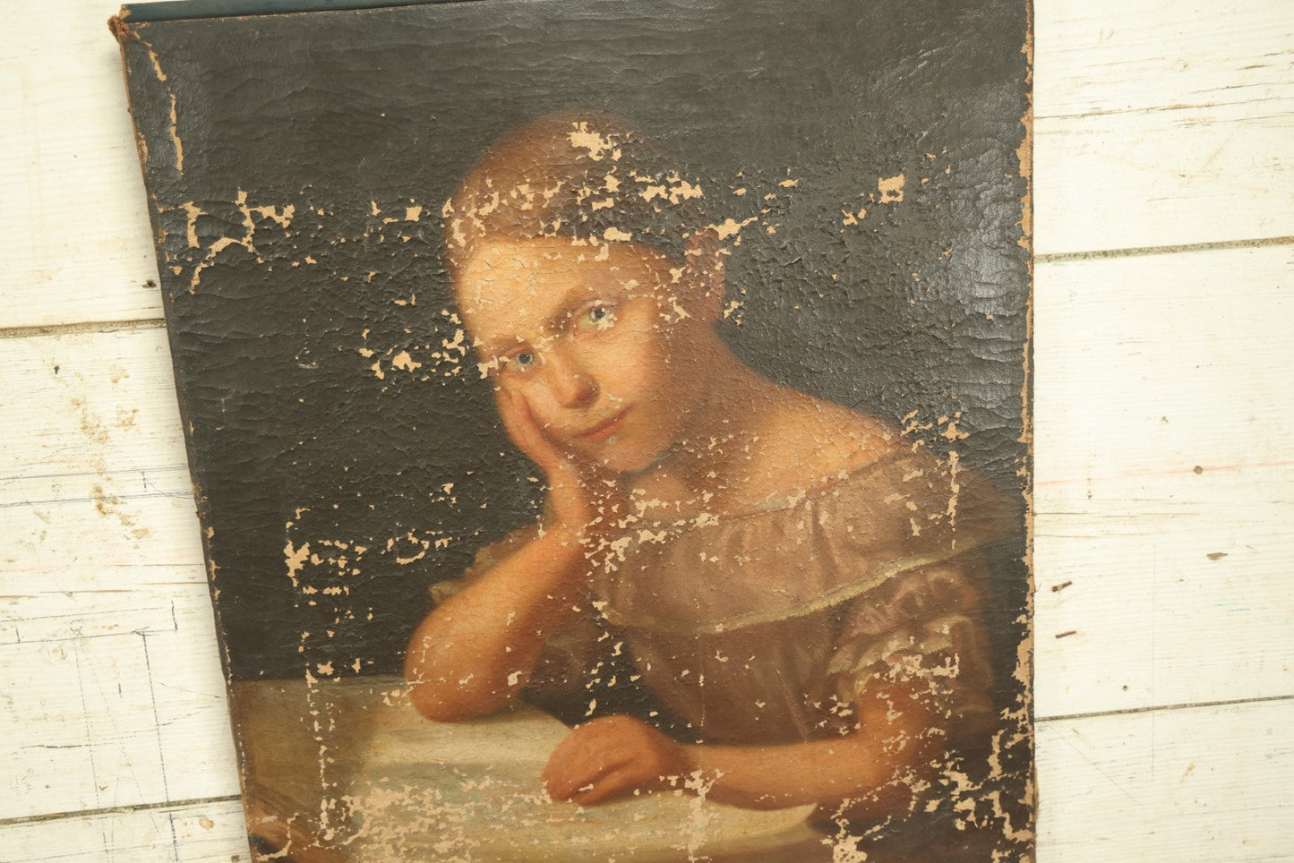 Lot 004 - 19th Century Oil On Canvas Painting Of A Pensive Young Girl Looking Up From A Book, Note Heavy Wear, Active Losses, Other Damage, See Photos, 19" x 22-1/2"