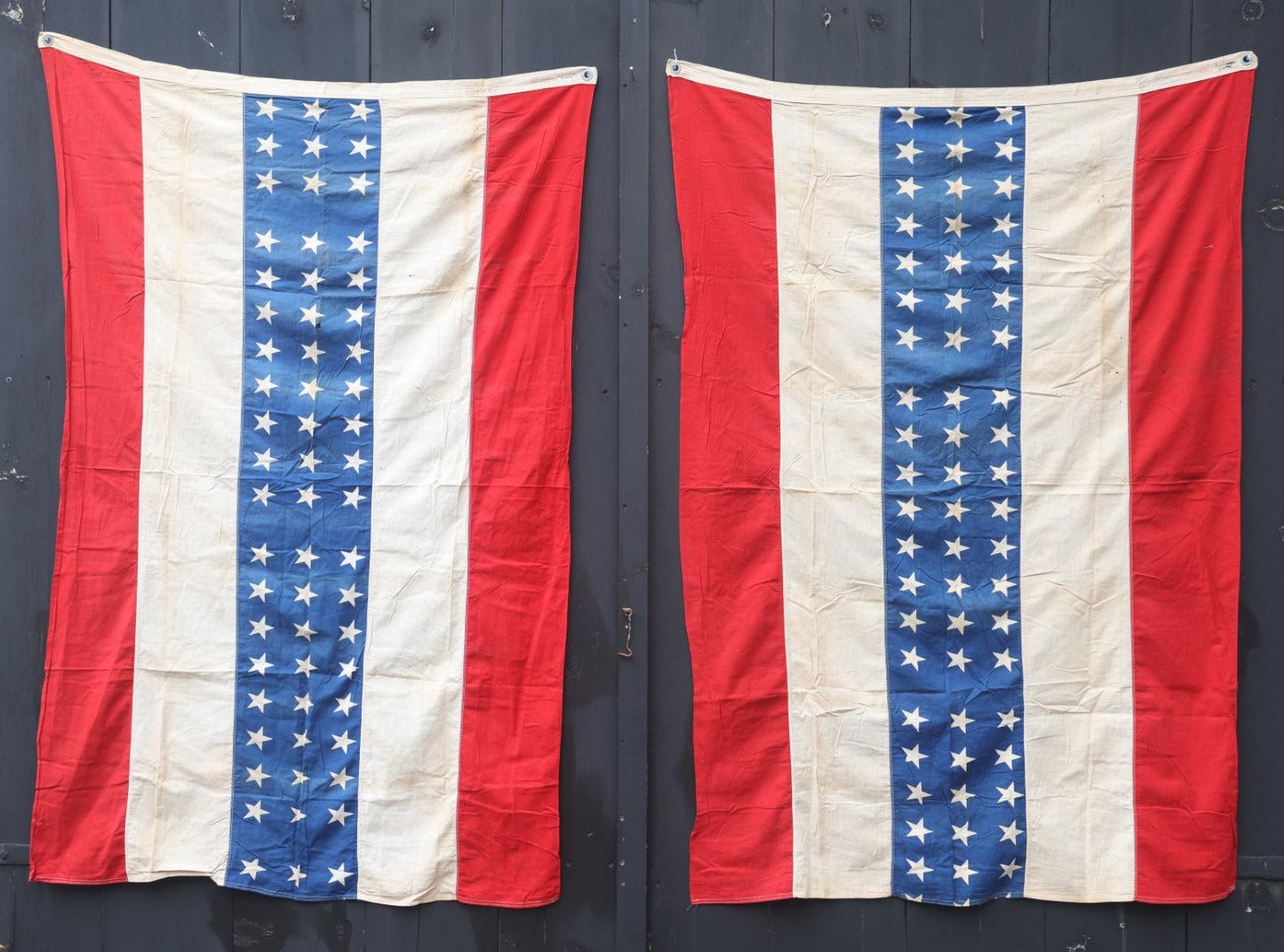 Lot 005 - Pair Of Vintage Patriotic Bunting, Stars And Bars, American Flag Variants, 4' x 6', By Everwear Bunting, Early To Mid 20th Century