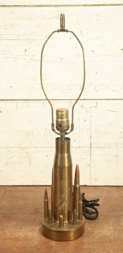 Lot 007 - Early 20th Century Trench Art Shell Lamp With Engraved Statue Of Liberty, Patriotic Lighting, With Bullets And Shell Casings, Rewired, Working